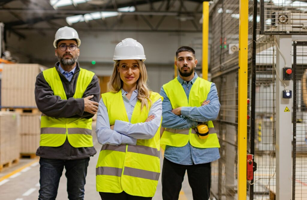 Portrait of team of warehouse employees standing in warehouse. Team of workers and female manger in